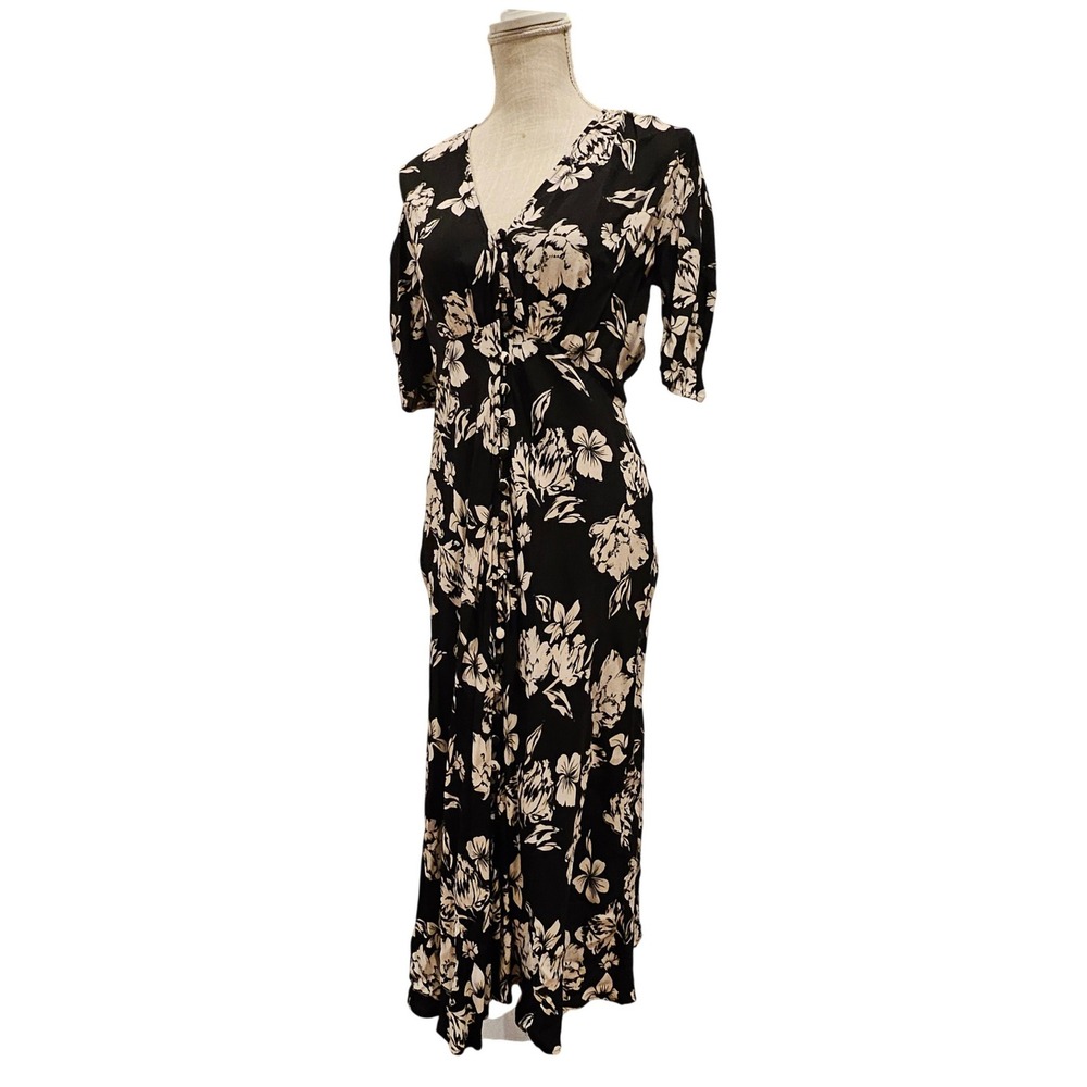 Ghost London Black Cream Floral V-Neck Button Front Viscose Midi‎ Dress XS